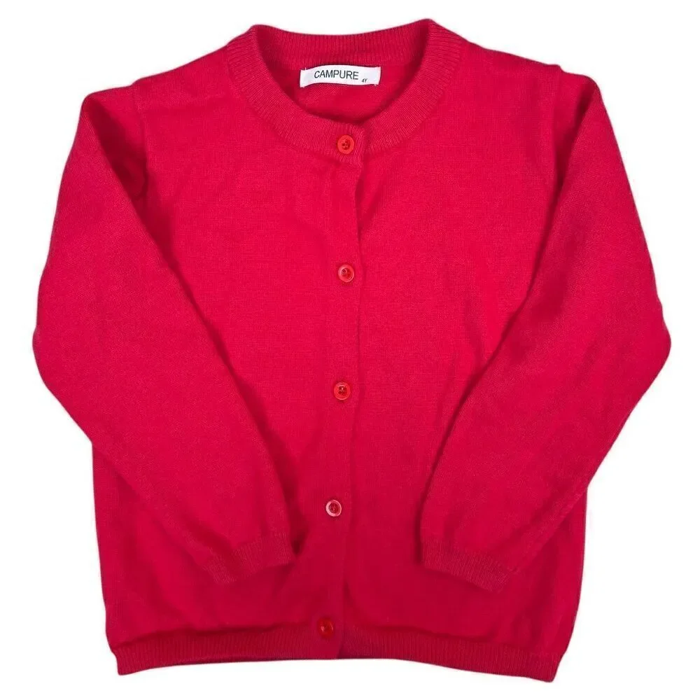 Campure Girls Red Cotton Cardigan Sweater Size 4 Long Sleeve Casual Fall Winter